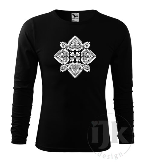 Pánske čierne tričko s potlačou, s bielou hladkou fóliou, s folklórnym motívom z Čataja a s dlhým rukávom.