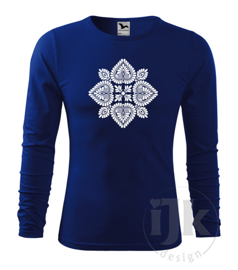 Pánske tričko farba kráľovská modrá s potlačou, s bielou hladkou fóliou, s folklórnym motívom z Čataja a s dlhým rukávom.