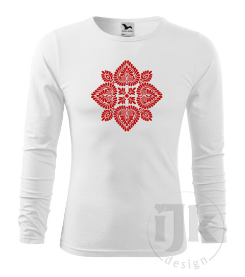 Pánske biele tričko s potlačou, s červenou hladkou fóliou, s folklórnym motívom z Čataja a s dlhým rukávom.