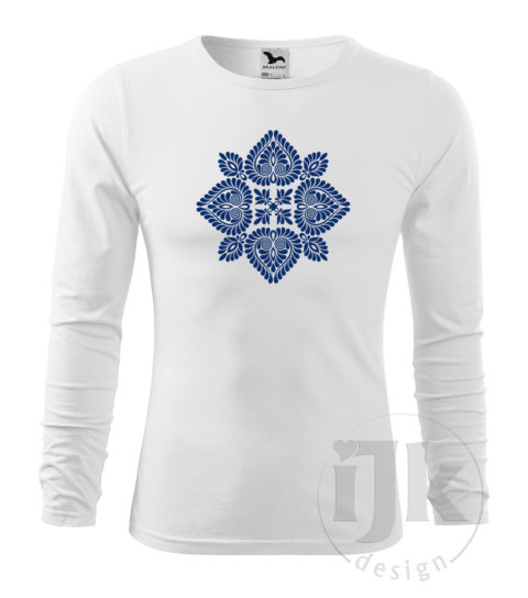 Pánske biele tričko s potlačou, s modrou hladkou fóliou, s folklórnym motívom z Čataja a s dlhým rukávom.