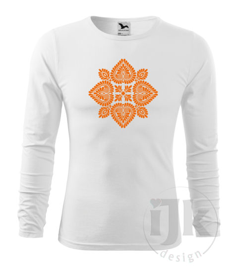 Pánske biele tričko s potlačou, s oranžovou hladkou fóliou, s folklórnym motívom z Čataja a s dlhým rukávom.
