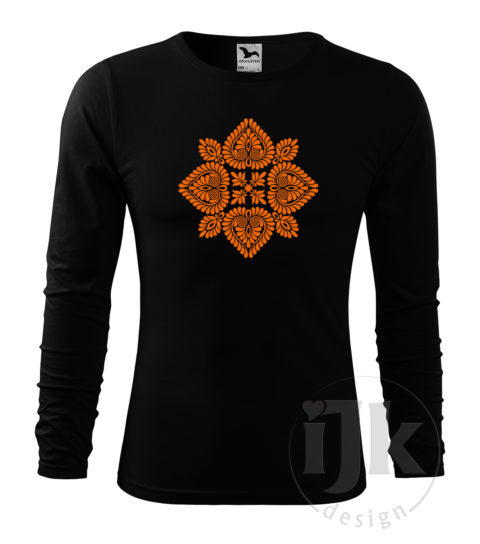 Pánske čierne tričko s potlačou, s oranžovou hladkou fóliou, s folklórnym motívom z Čataja a s dlhým rukávom.