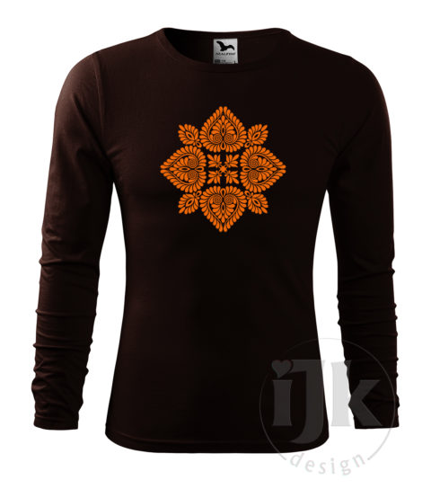 Pánske kávové tričko s potlačou, s oranžovou hladkou fóliou, s folklórnym motívom z Čataja a s dlhým rukávom.