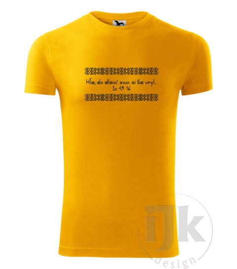 Pánske žlté tričko s potlačou, s čiernou hladkou fóliou, s náboženským vzorom, motívom je citát zo Svätého písma, Iz 49: 16 je napísaný čičmianským písmom a je vložený do čičmianskeho ornamentu a s krátkym rukávom.