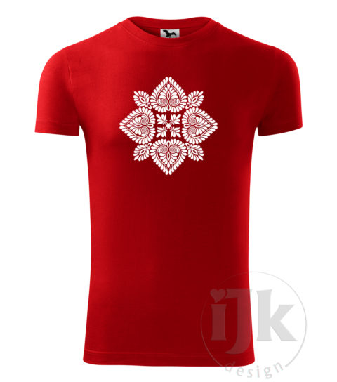 Pánske červené tričko s potlačou, s bielou hladkou fóliou, s folklórnym motívom z Čataja a s krátkym rukávom.