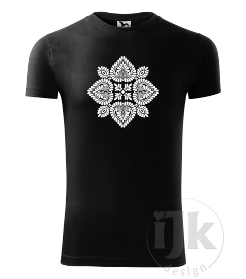 Pánske čierne tričko s potlačou, s bielou hladkou fóliou, s folklórnym motívom z Čataja a s krátkym rukávom.