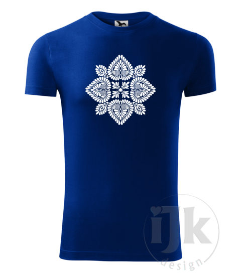 Pánske tričko farba kráľovská modrá s potlačou, s bielou hladkou fóliou, s folklórnym motívom z Čataja a s krátkym rukávom.
