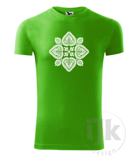 Pánske tričko farba zelené jablko s potlačou, s bielou hladkou fóliou, s folklórnym motívom z Čataja a s krátkym rukávom.