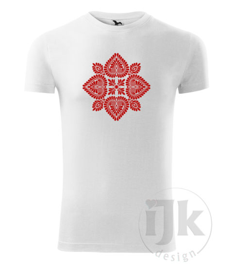 Pánske biele tričko s potlačou, s červenou hladkou fóliou, s folklórnym motívom z Čataja a s krátkym rukávom.