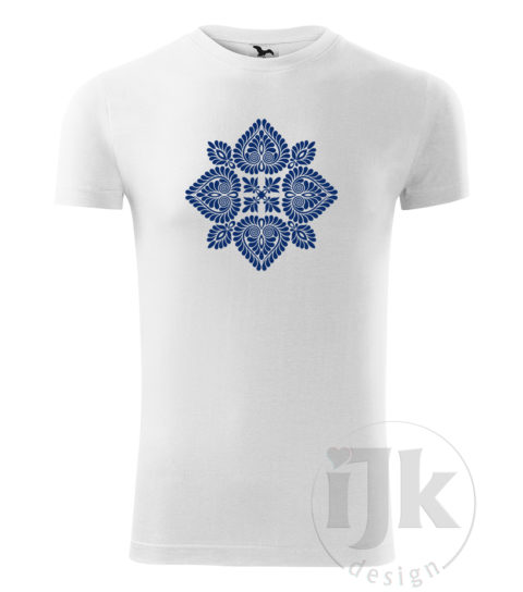 Pánske biele tričko s potlačou, s modrou hladkou fóliou, s folklórnym motívom z Čataja a s krátkym rukávom.