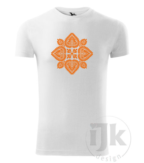 Pánske biele tričko s potlačou, s oranžovou hladkou fóliou, s folklórnym motívom z Čataja a s krátkym rukávom.