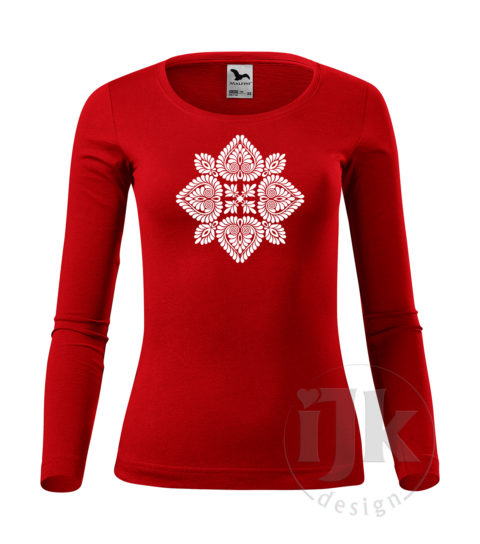 Dámske červené tričko s potlačou, s bielou hladkou fóliou, s folklórnym motívom z Čataja a s dlhým rukávom.