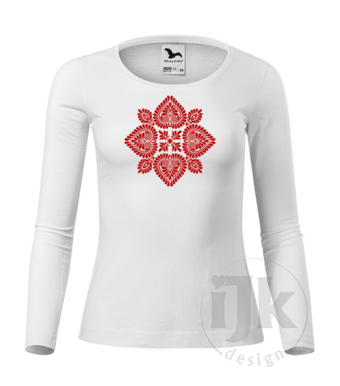 Dámske biele tričko s potlačou, s červenou hladkou fóliou, s folklórnym motívom z Čataja a s dlhým rukávom.