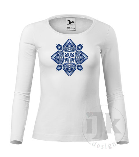 Dámske biele tričko s potlačou, s modrou hladkou fóliou, s folklórnym motívom z Čataja a s dlhým rukávom.