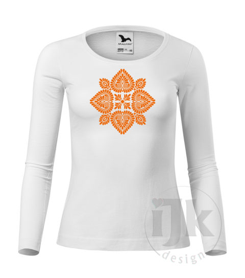Dámske biele tričko s potlačou, s oranžovou hladkou fóliou, s folklórnym motívom z Čataja a s dlhým rukávom.