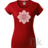 Dámske červené tričko s potlačou, s bielou hladkou fóliou, s folklórnym motívom z Čataja a s krátkym rukávom.