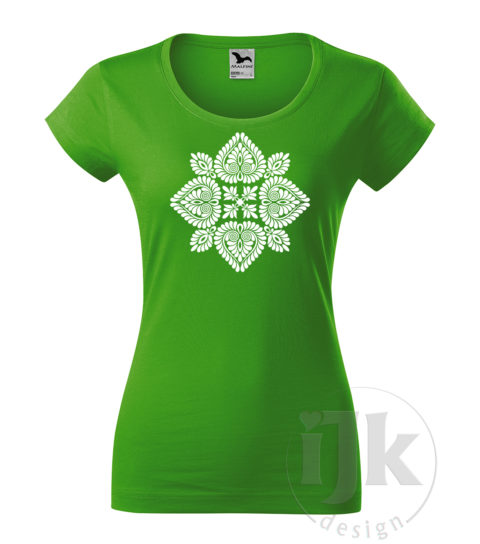 Dámske tričko farba zelené jablko s potlačou, s bielou hladkou fóliou, s folklórnym motívom z Čataja a s krátkym rukávom.