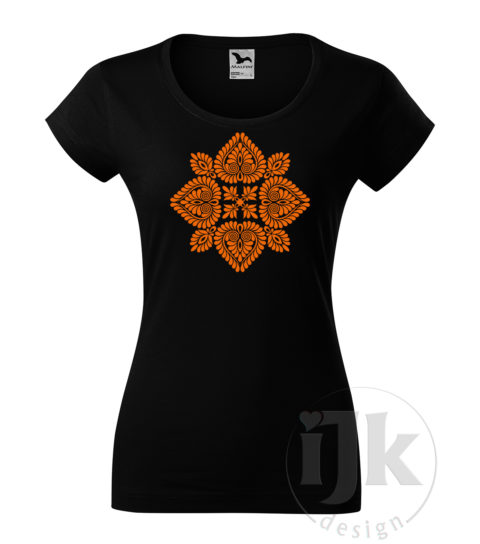 Dámske čierne tričko s potlačou, s oranžovou hladkou fóliou, s folklórnym motívom z Čataja a s krátkym rukávom.