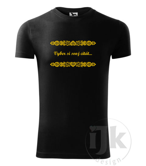 Pánske čierne tričko s potlačou, so žltou hladkou fóliou, s náboženským vzorom, motívom je citát zo Svätého písma podľa vlastného výberu, ktorý je vložený do piešťanského ornamentu a s krátkym rukávom.