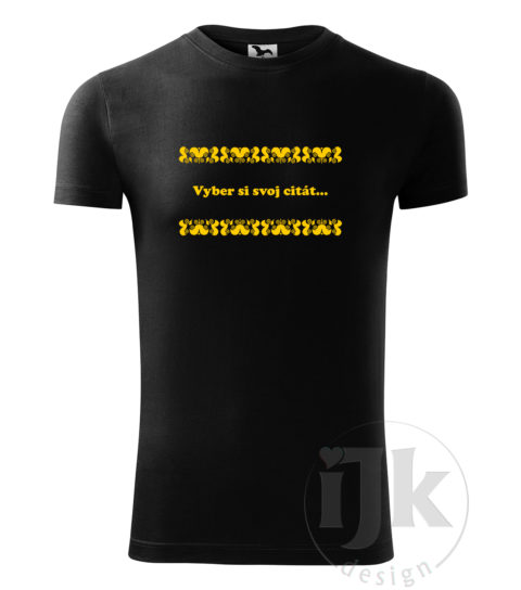 Pánske čierne tričko s potlačou, so žltou hladkou fóliou, s náboženským vzorom, motívom je citát zo Svätého písma podľa vlastného výberu, ktorý je vložený do záriečského ornamentu a s krátkym rukávom.