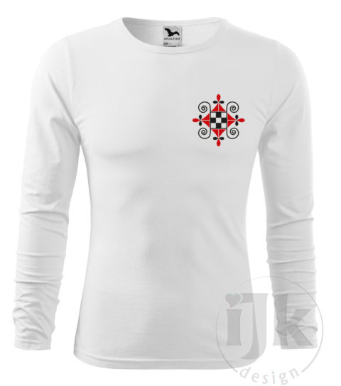 Pánske biele tričko s potlačou, s červenou a čiernou hladkou fóliou, s folklórnym motívom zo Záriečia, s ľudovým vzorom zo Záriečia a s dlhým rukávom.