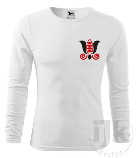 Pánske biele tričko s potlačou, s červenou a čiernou hladkou fóliou, s folklórnym motívom zo Záriečia, s ľudovým vzorom zo Záriečia a s dlhým rukávom.