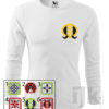 Pánske biele tričko s potlačou, so žltou a čiernou hladkou fóliou, s folklórnym motívom zo Záriečia, s ľudovým vzorom zo Záriečia a s dlhým rukávom.