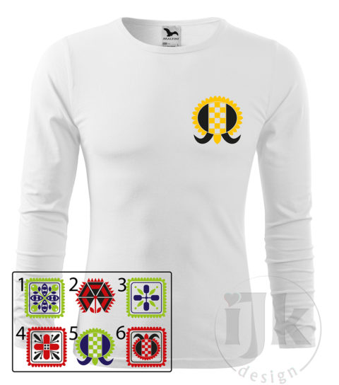 Pánske biele tričko s potlačou, so žltou a čiernou hladkou fóliou, s folklórnym motívom zo Záriečia, s ľudovým vzorom zo Záriečia a s dlhým rukávom.