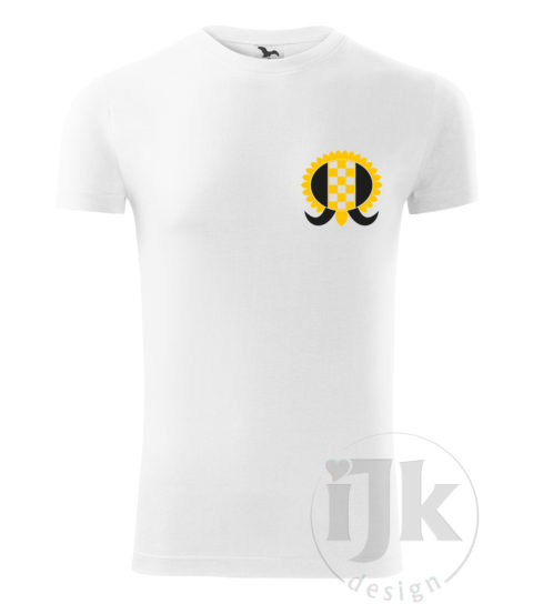 Pánske biele tričko s potlačou, so žltou a čiernou hladkou fóliou, s folklórnym motívom zo Záriečia, s ľudovým vzorom zo Záriečia a s krátkym rukávom.