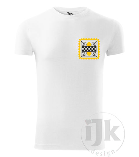 Pánske biele tričko s potlačou, so žltou a čiernou hladkou fóliou, s folklórnym motívom zo Záriečia, s ľudovým vzorom zo Záriečia a s krátkym rukávom.