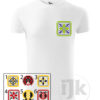 Pánske biele tričko s potlačou, s limetkovou a modrou hladkou fóliou, s folklórnym motívom zo Záriečia, s ľudovým vzorom zo Záriečia a s krátkym rukávom.
