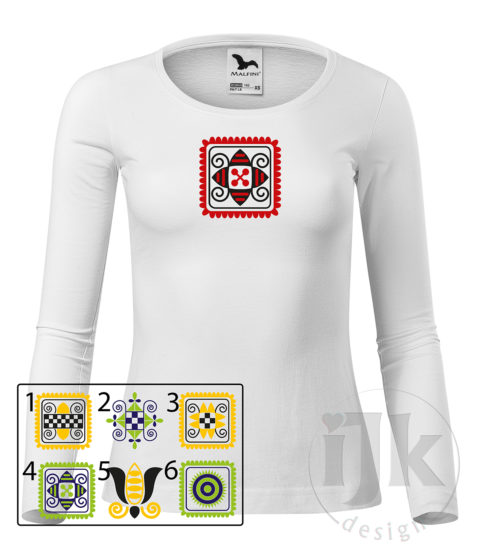 Dámske biele tričko s potlačou, s červenou a čiernou hladkou fóliou, s folklórnym motívom zo Záriečia, s ľudovým vzorom zo Záriečia a s dlhým rukávom.
