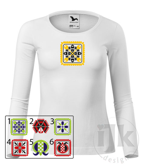 Dámske biele tričko s potlačou, so žltou a čiernou hladkou fóliou, s folklórnym motívom zo Záriečia, s ľudovým vzorom zo Záriečia a s dlhým rukávom.