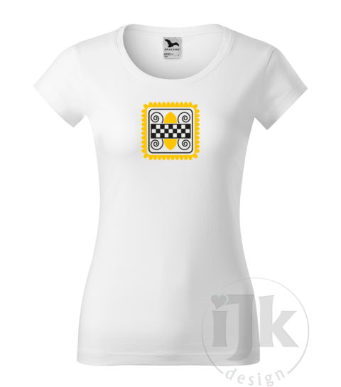 Dámske biele tričko s potlačou, so žltou a čiernou hladkou fóliou, s folklórnym motívom zo Záriečia, s ľudovým vzorom zo Záriečia a s krátkym rukávom.