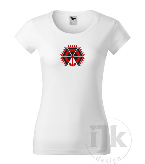 Dámske biele tričko s potlačou, s červenou a čiernou hladkou fóliou, s folklórnym motívom zo Záriečia, s ľudovým vzorom zo Záriečia a s krátkym rukávom.