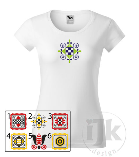 Dámske biele tričko s potlačou, s limetkovou a modrou hladkou fóliou, s folklórnym motívom zo Záriečia, s ľudovým vzorom zo Záriečia a s krátkym rukávom.