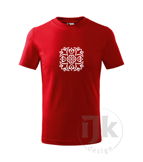 Detské červené tričko s potlačou, s bielou hladkou fóliou, s folklórnym motívom z Detvy, s ľudovým vzorom z Detvy a s krátkym rukávom.