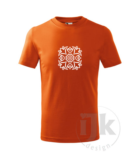 Detské oranžové tričko s potlačou, s bielou hladkou fóliou, s folklórnym motívom z Detvy, s ľudovým vzorom z Detvy a s krátkym rukávom.