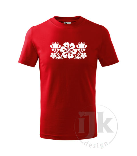 Detské červené tričko s potlačou, s bielou hladkou fóliou, s folklórnym motívom z Jablonice, s ľudovým vzorom z Jablonice a s krátkym rukávom.