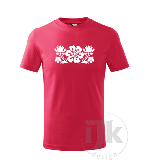Detské tričko farba malinová ružová s potlačou, s bielou hladkou fóliou, s folklórnym motívom z Jablonice, s ľudovým vzorom z Jablonice a s krátkym rukávom.