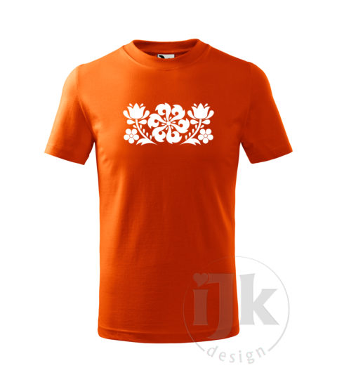 Detské oranžové tričko s potlačou, s bielou hladkou fóliou, s folklórnym motívom z Jablonice, s ľudovým vzorom z Jablonice a s krátkym rukávom.