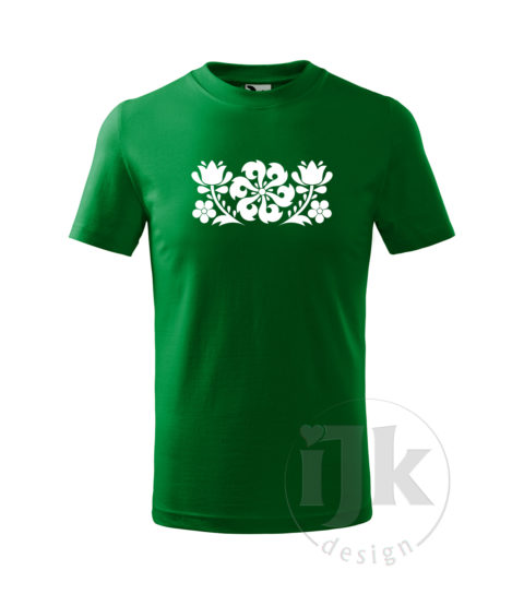 Detské tričko farba tmavá zelená s potlačou, s bielou hladkou fóliou, s folklórnym motívom z Jablonice, s ľudovým vzorom z Jablonice a s krátkym rukávom.
