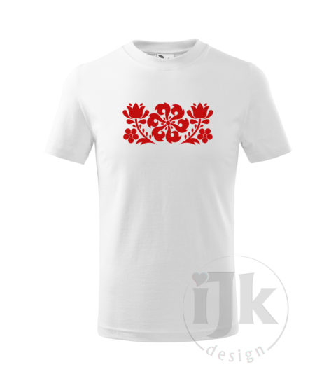 Detské biele tričko s potlačou, s červenou hladkou fóliou, s folklórnym motívom z Jablonice, s ľudovým vzorom z Jablonice a s krátkym rukávom.