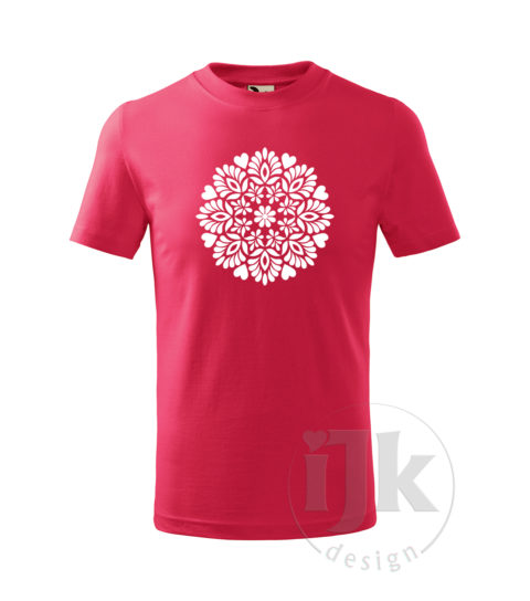 Detské tričko farba malinová ružová s potlačou, s bielou hladkou fóliou, s folklórnym motívom z Čataja, s ľudovým vzorom z Čataja a s krátkym rukávom.