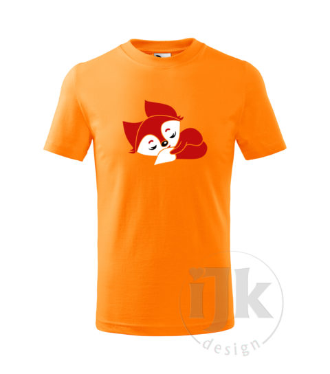 Detské mandarínkové tričko s potlačou, s bielou a červenou hladkou fóliou, s detským motívom malej líšky, so zvieracím vzorom a s krátkym rukávom.