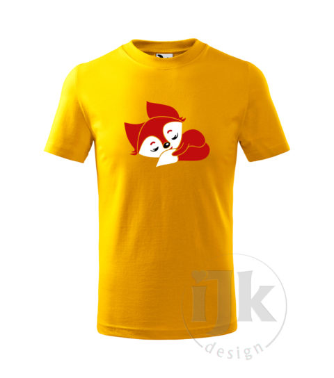 Detské žlté tričko s potlačou, s bielou a červenou hladkou fóliou, s detským motívom malej líšky, so zvieracím vzorom a s krátkym rukávom.