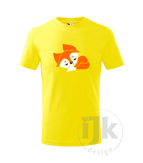 Detské citrónové tričko s potlačou, s bielou a oranžovou hladkou fóliou, s detským motívom malej líšky, so zvieracím vzorom a s krátkym rukávom.