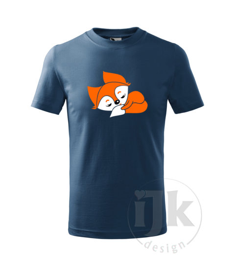Detské denim tričko s potlačou, s bielou a oranžovou hladkou fóliou, s detským motívom malej líšky, so zvieracím vzorom a s krátkym rukávom.
