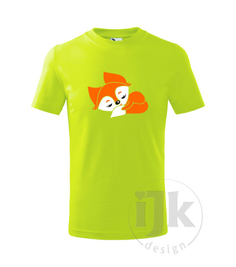 Detské limetkové tričko s potlačou, s bielou a oranžovou hladkou fóliou, s detským motívom malej líšky, so zvieracím vzorom a s krátkym rukávom.