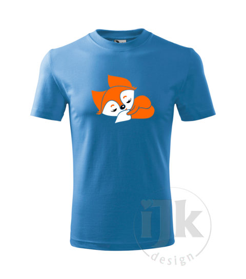 Detské modré tričko s potlačou, s bielou a oranžovou hladkou fóliou, s detským motívom malej líšky, so zvieracím vzorom a s krátkym rukávom.